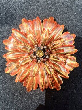 Vintage Joan Rivers Orange Daisy Flower Brooch With Rhinestone Center Sparkling